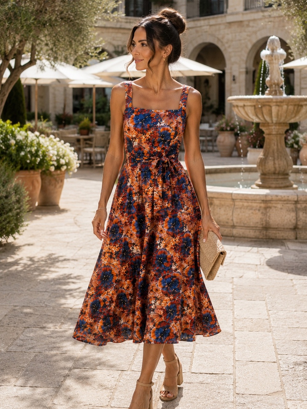 Sleeveless Floral Midi Dress in Orange and Blue US Medium - Picture 5 of 7